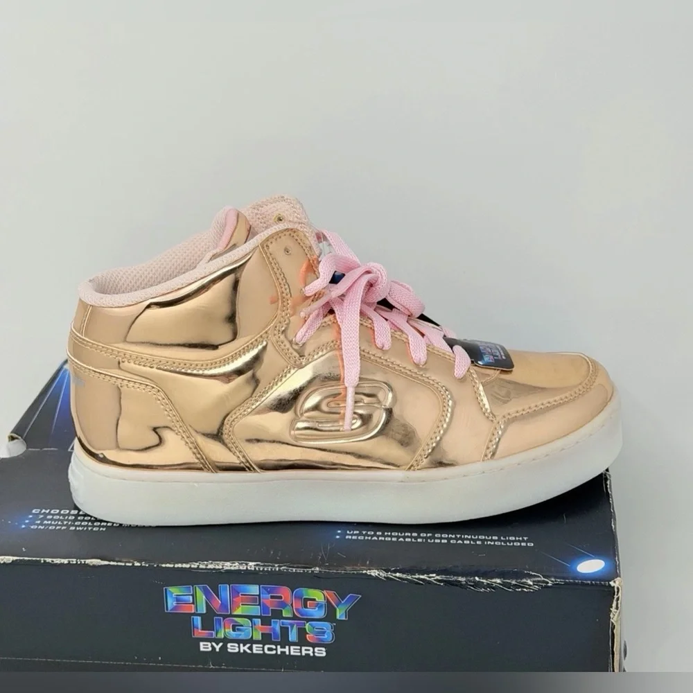NEW Skechers Energy Lights Rose Gold Metallic LED High Top Shoes Kids 5 TESTED